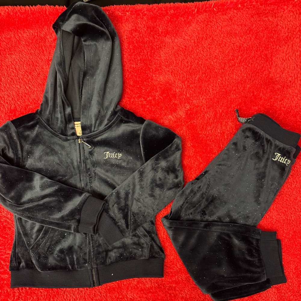 Juicy Couture Black Velour Hoodie and Pants Set